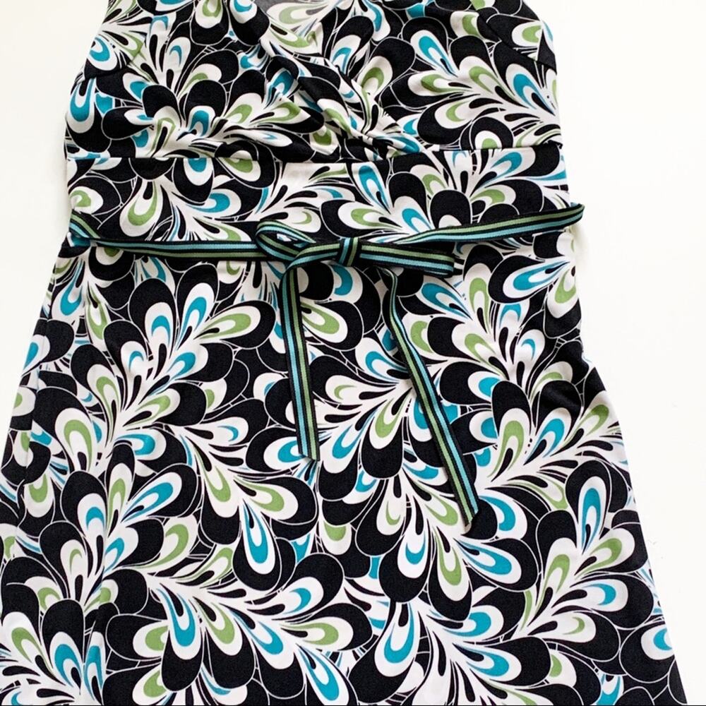 LOFT Dress Brown Blue Green Floral Sleeveless Ribbon Belted Dress Size 6 - Picture 14 of 15